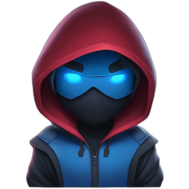 developer behind his laptop with this style : Riot Games Valorant dark red glowing bright blue character blue black hooded assassin themed character emoji