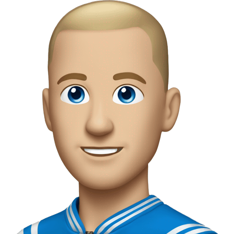 A white man with a buzzcut, blue eyes wearing a gold chain and tracksuit holding a Nokia  emoji