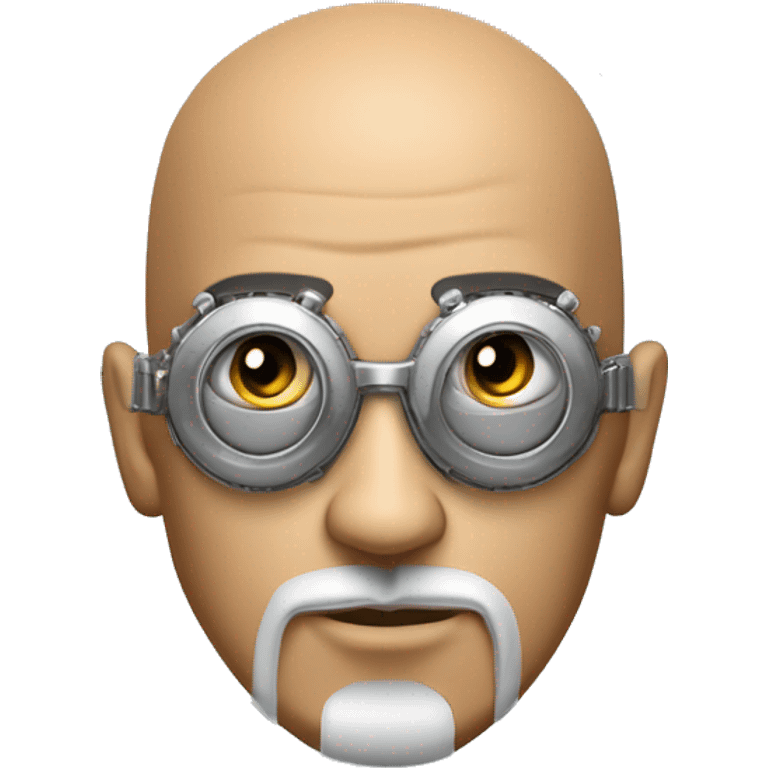 Tan bald male Latino cyborg head with grey beard, silver steampunk monocle goggles and circuits emoji