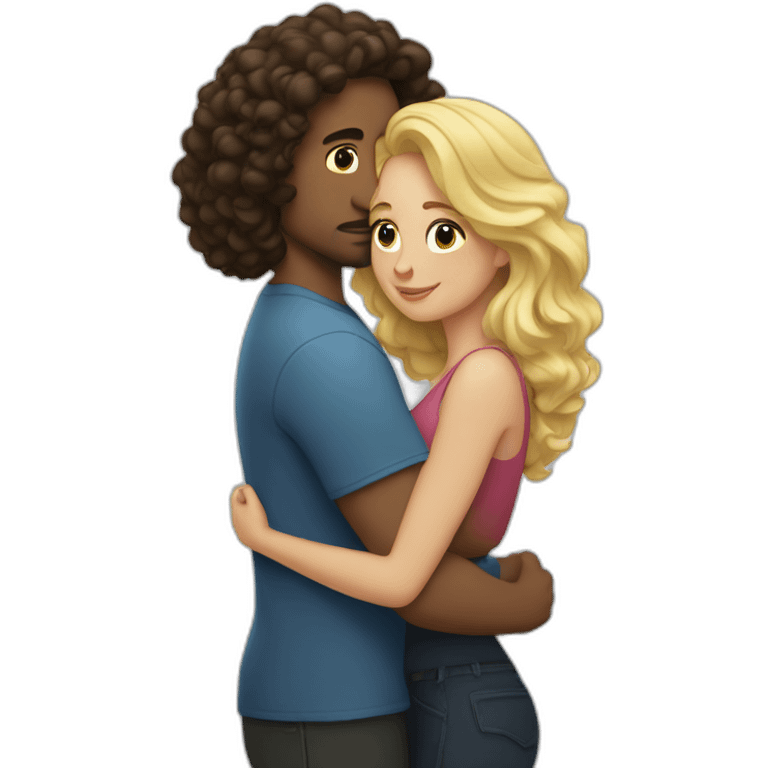 Man with long dark curly hair hugging a blonde curvy woman emoji