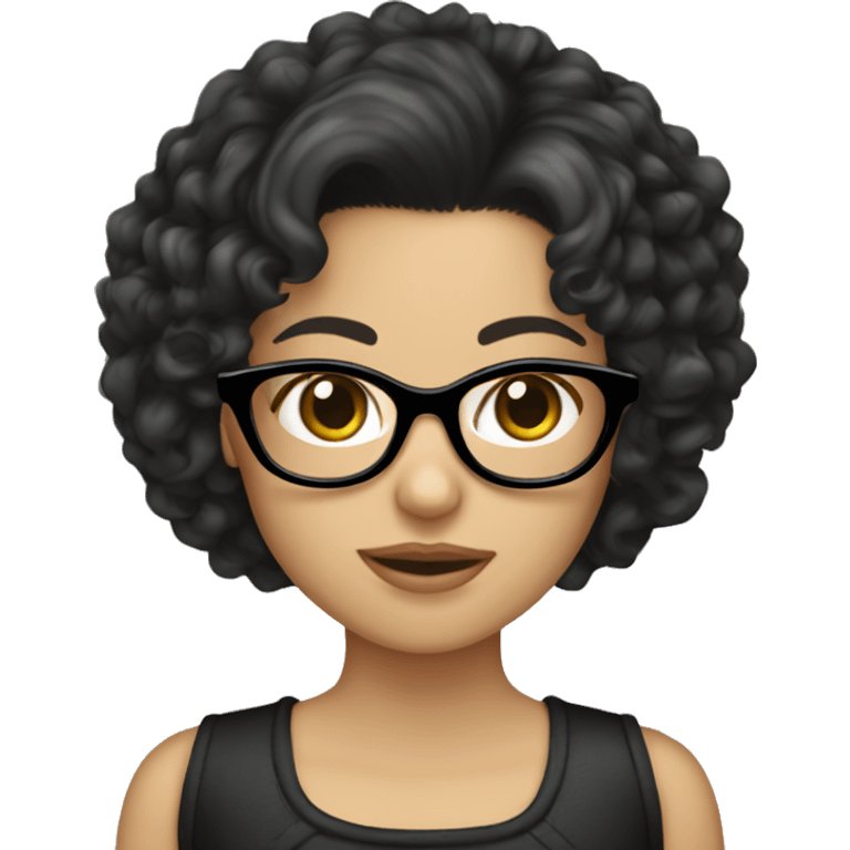 A White girl with medium length curly black hair and glasses holding a Yorkie  emoji