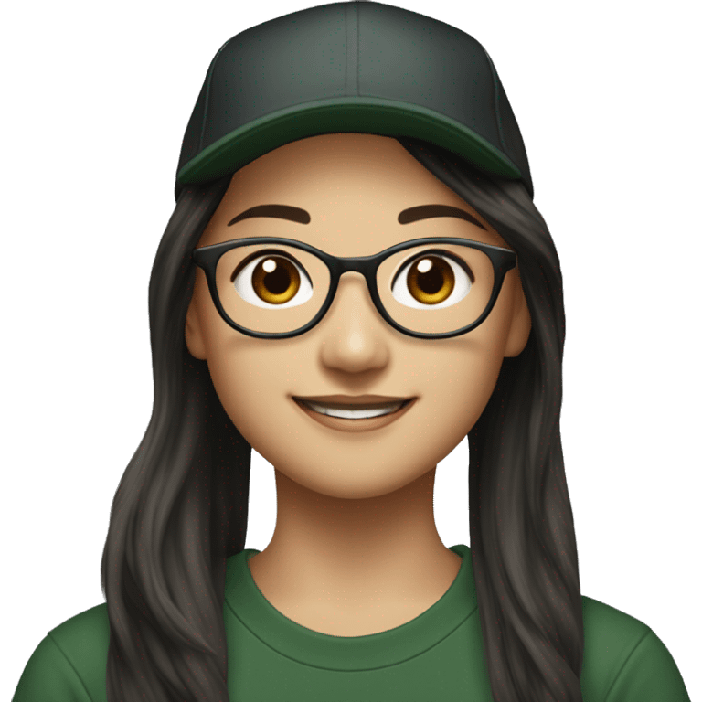 Hyper realistic, look from side, asian girl, light white skin, smiling with teeth, black eyes, spotted frame glasses, long brown straight hair with highlighted strands, black T-shirt, dark green cap. emoji