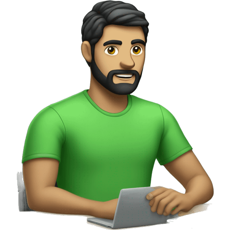 white guy with black hair thin face with beard typing in laptop wearing green t-shirt working in call center emoji