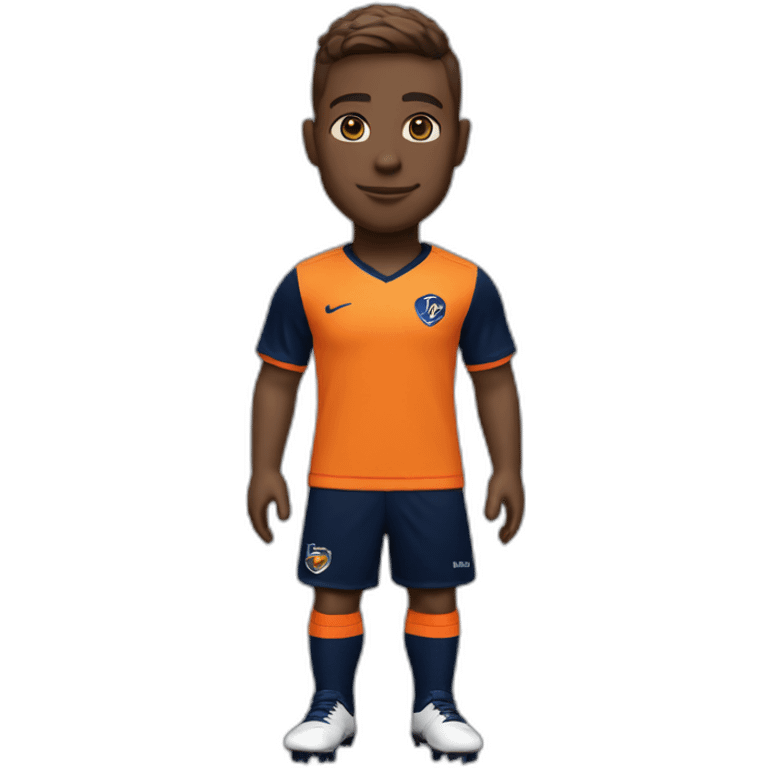 Soccer player in tangerine top with navy sleeves, navy shorts with tangerine flash, navy socks with tangerine flash  and orange kit emoji