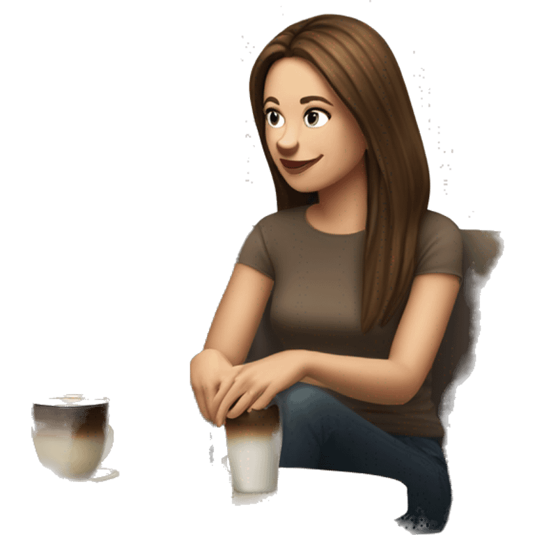 Side view realistic posh brown straight haired pale woman sits at the coffee table emoji