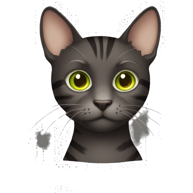 dark brown sitten cat with dark grey and light grey stripes with yellowish green eyes  emoji