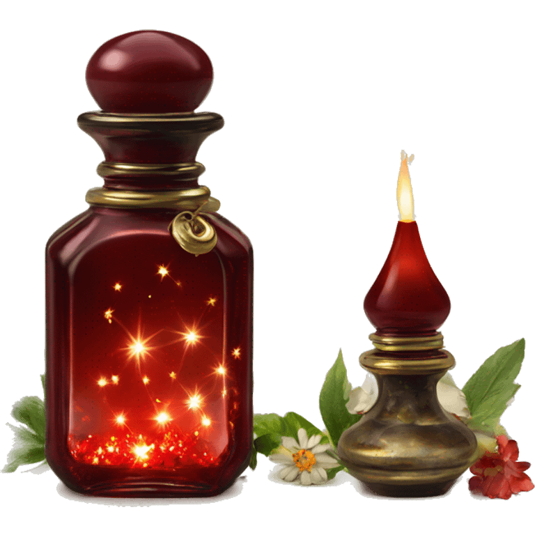 Dark red magic fairy light sparkling old Antique oil perfume bottle with herbal and flowers emoji