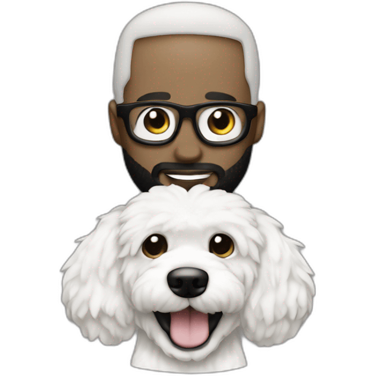 rapper-with hoop-white skin-black hair-beard-bichon dog-white-smile emoji