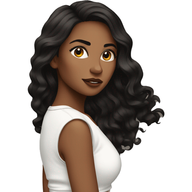 back side of a brown women, with black hair, a white crop top, wavy long hair emoji