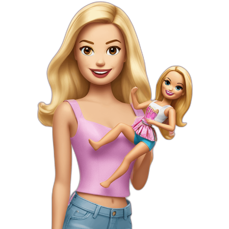 Margot Robbie playing with barbie Doll emoji