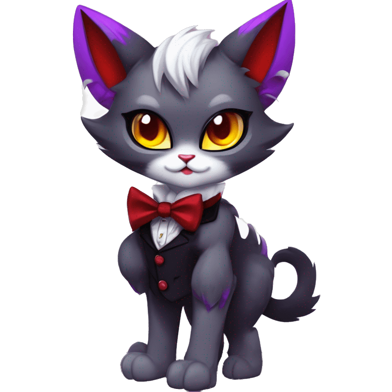 Anthro-Cute-Edgy-Vampiric-Batty-Cat-Black-Purple-Red-Grey-White-Yellow-Contrast-Colors-Fantasy-Fur-Sona-Chibi-Shiny-Fakémon-Hybrid with horns and big fangs collar bow ties leg spats full body emoji