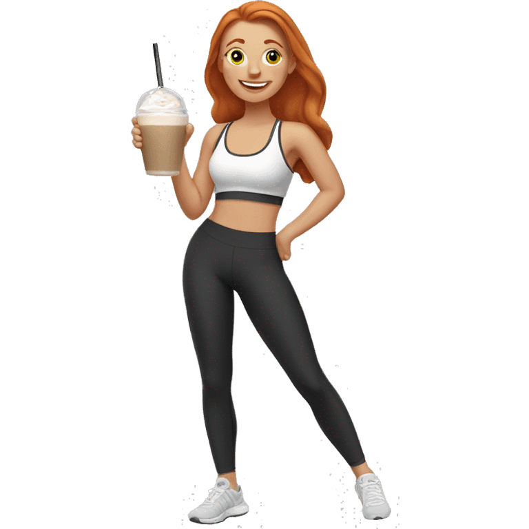 Ginger girl in sports bra and leggings drinking iced latte emoji