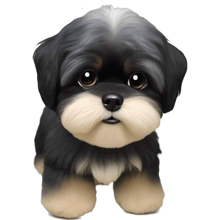 Shih tzu black puppy, yorkie coloring with light colored eyebrows. Round face, short ears. Looks like teddy bear  emoji