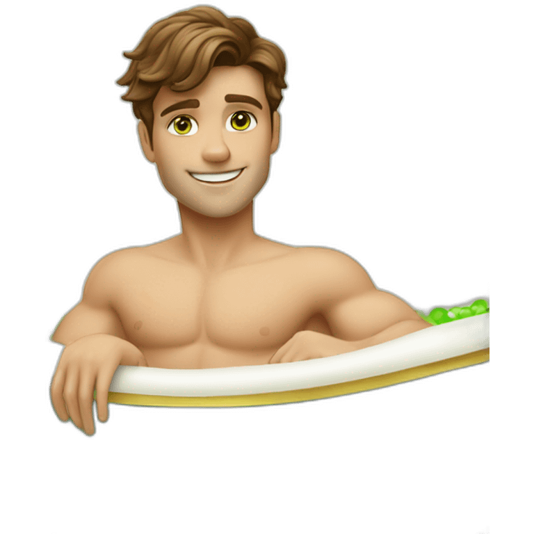 Posh-muscle-boy-brown-hair-green-eyes-pearl-necklace-in-golden-bathtub emoji