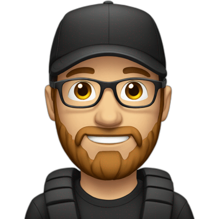 White male with headphones, clear glasses, black cap and brown beard emoji