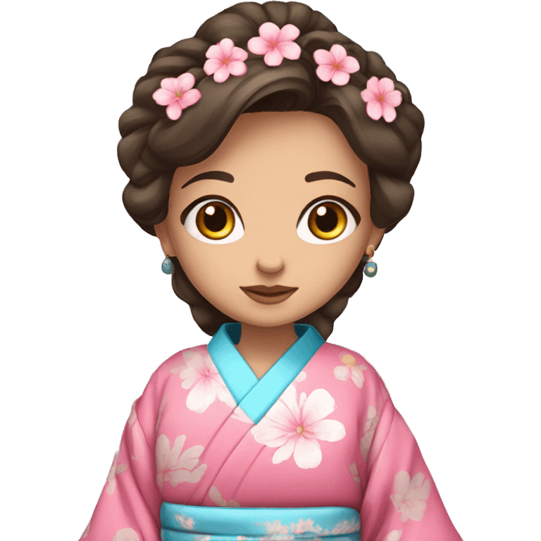 cute brunette girl with blue eyes in pink flower kimono emoji