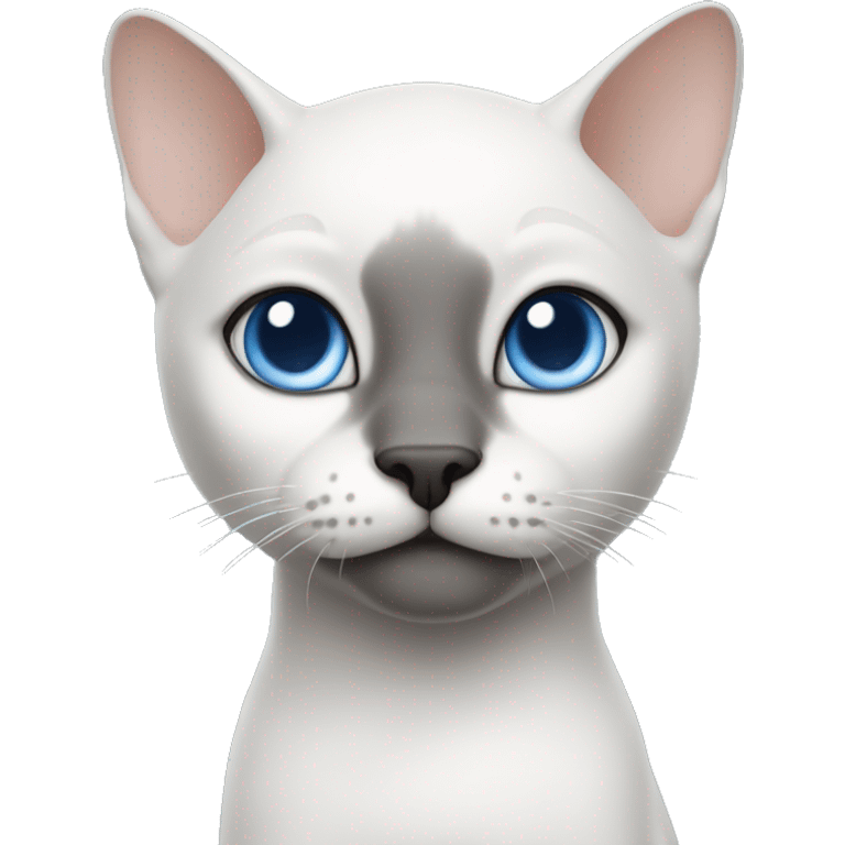 bald cat with fine undercoat, large blue eyes, gray color, black nose and one part of the muzzle is white, white paws, small emoji