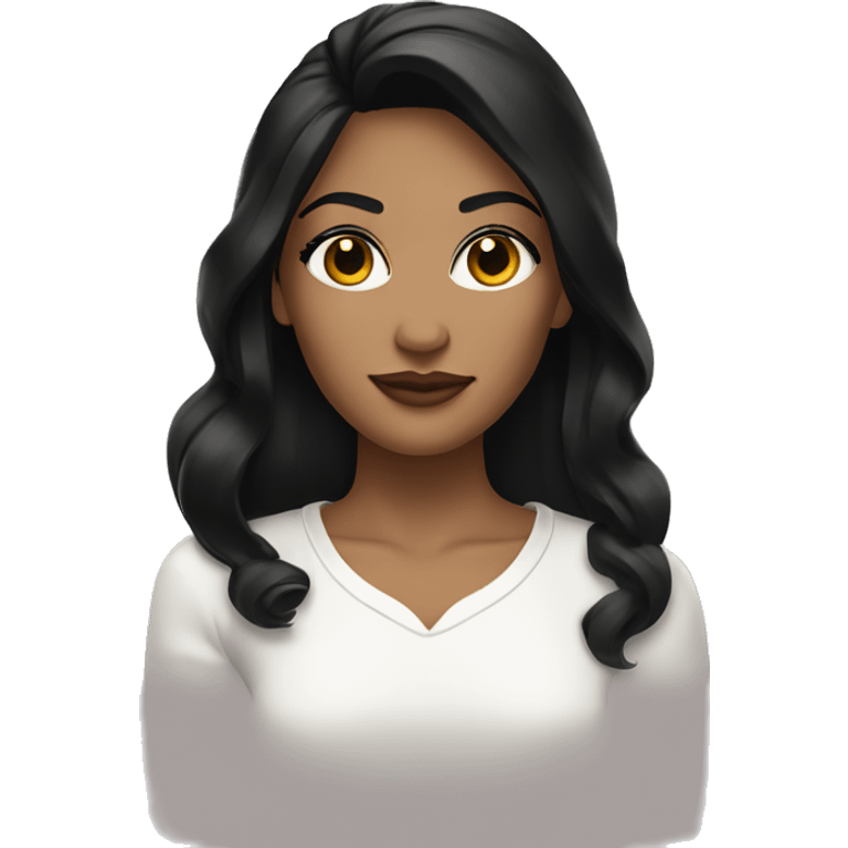 woman with black hair side part brown eyes gold hoop earrings and white shirt emoji