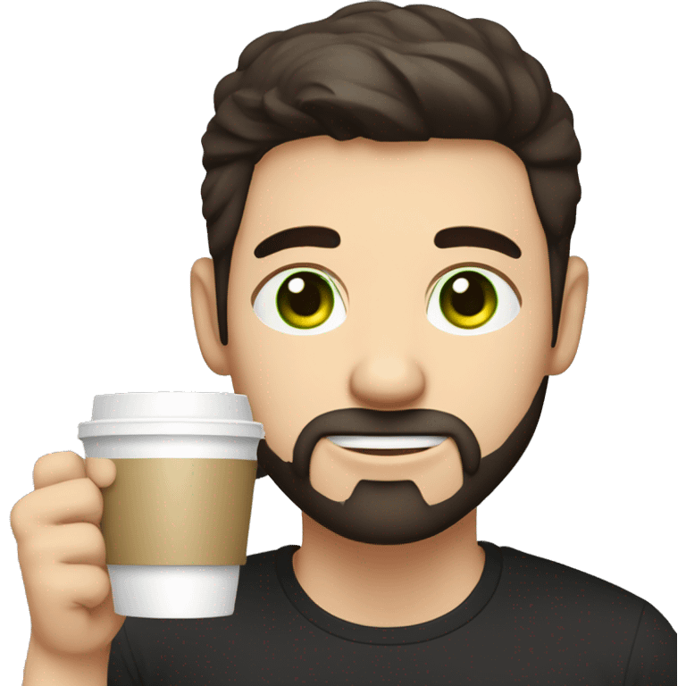 Handsome man with dark hair, holding an cup of coffee, gradient short hair on the side, green eyes. Thin face. Black t-shirt. A little beard. emoji