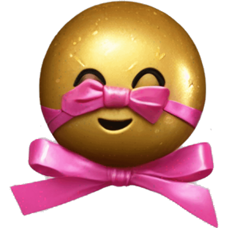 Realistic metallic gold and colorful cake pop on stick in clear plastic wrapper with bow tied around it. emoji