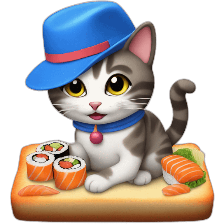 cat with blue hat eating sushi birthday cake emoji