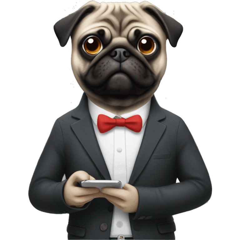 Pug using phone with suit on emoji