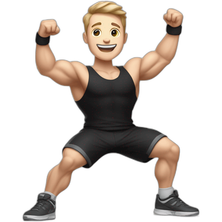 Joyful Celebrating victory Pale skinned Fit Man With the biceps and dark brown hair in black shirt, gray sports shorts and white Sneakers emoji