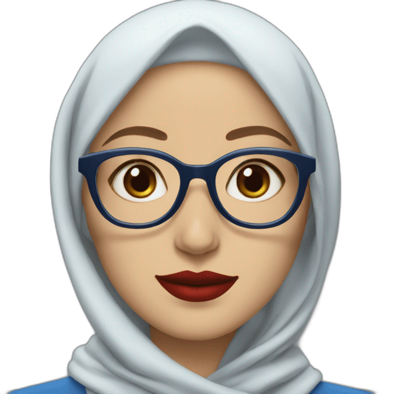 blue Hijabi white woman with glasses and brown eyes wearing a blue suit red lipstick emoji