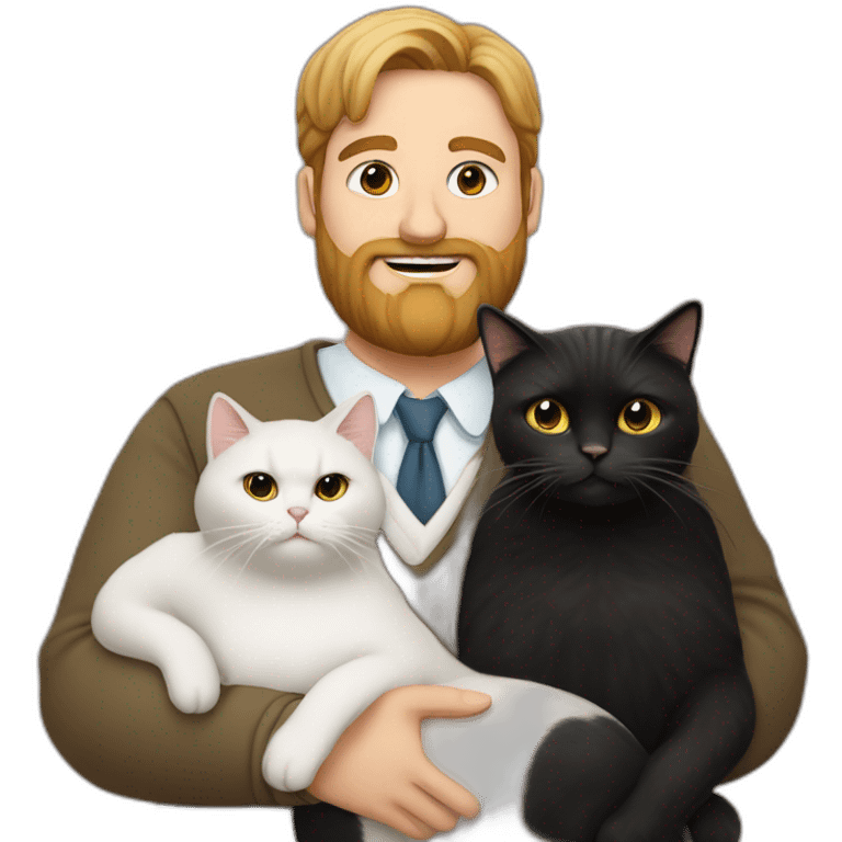 Family photo a fat husband with a beard is holding a white cat and wife with straight hair is holding another black cat emoji