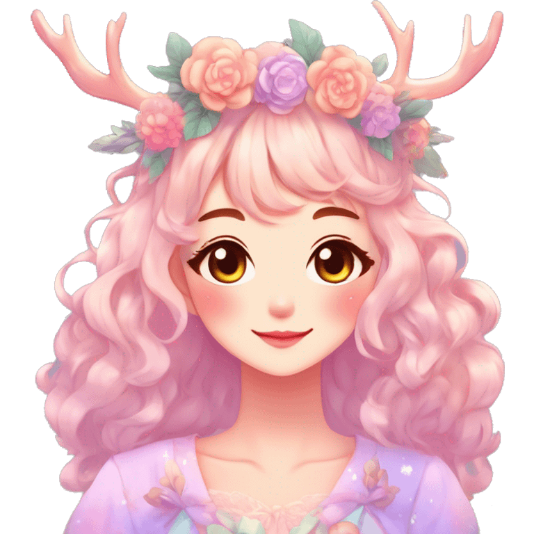 Gorgeous Shiny Colorful Pastel Anime Style Mature Lady with blushing face and pretty hair with a flower crown and antlers pastelcore kawaii cottagecore fairycore aesthetic trending style emoji