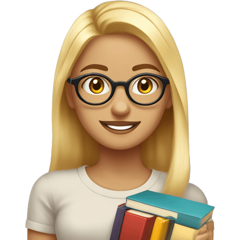 chica profesora joven rubia pelo muy largo y liso con dos mechones, sonriendo con libros en una mano, con gafas pequeñas color marrón redondas, vestida con camiseta color negro y con pendientes de aros grandes color oro emoji