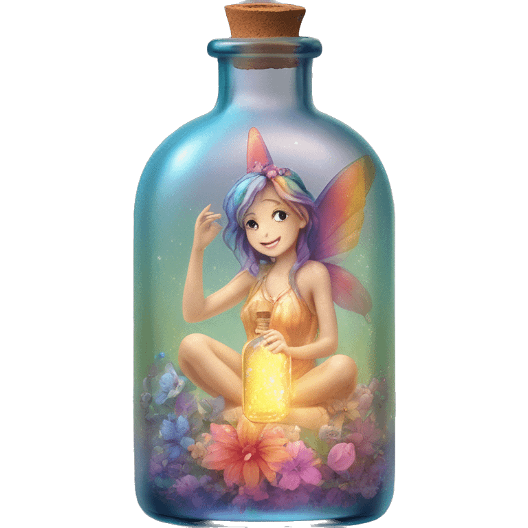 Antique oil bottle made of crystal glass of all delicate colors of the light rainbow, a living flower fairy sits at the bottom of the bottle emoji