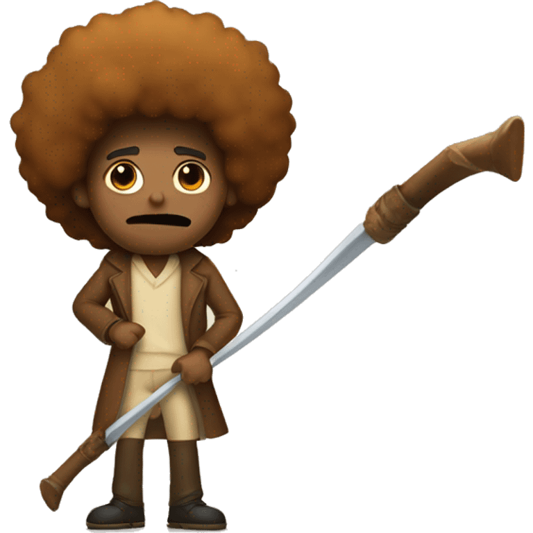 Caramel skinned man with afro holding a scythe emoji