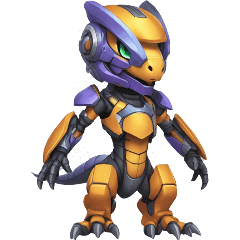 Colorful Edgy Chibi Greymon-Velociraptor-Genesect-Fakémon-Pokémon wearing a with a futuristic visor-helmet And Mecha-suit Full Body emoji