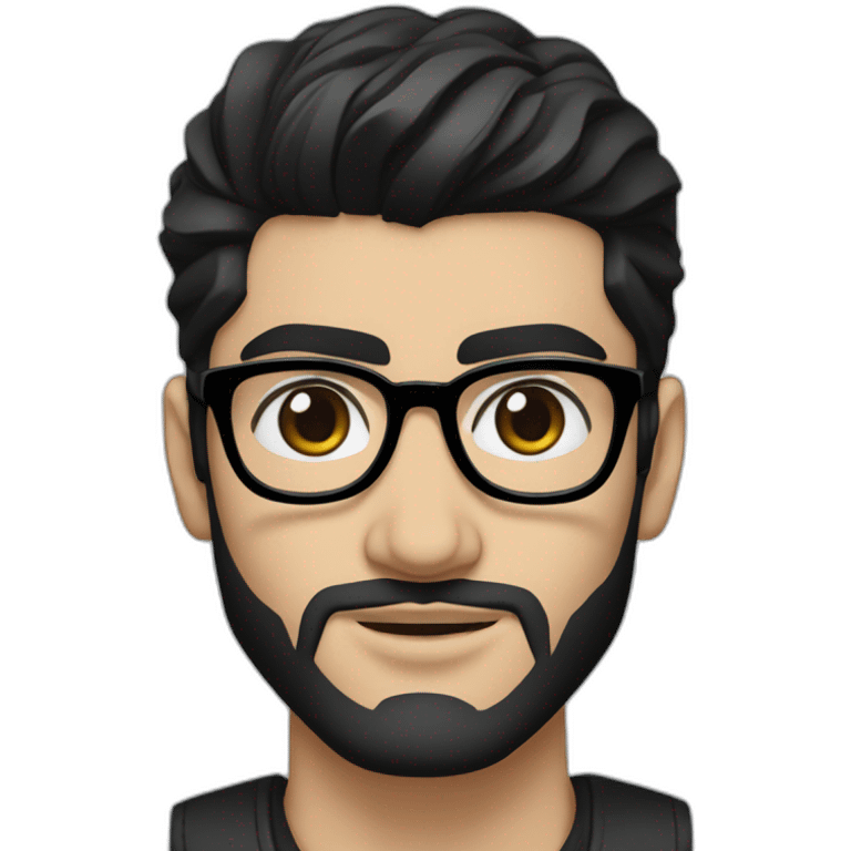 Create a detailed portrait of Zayn Malik with his striking black beard, sleek black glasses, and his dark, mesmerizing black hair and eyes emoji