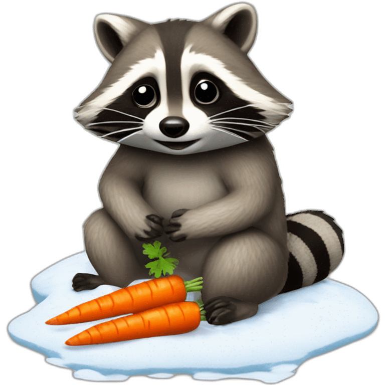 raccoon sits in an almost melted snowman, from which he pulled out a carrot emoji