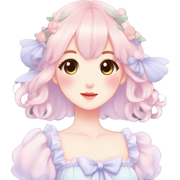 Gorgeous pastel anime style lady with blushing face and a dress cottagecore fairycore  Kawaii anime colorful pearly romantic simplistic aesthetic trending style emoji