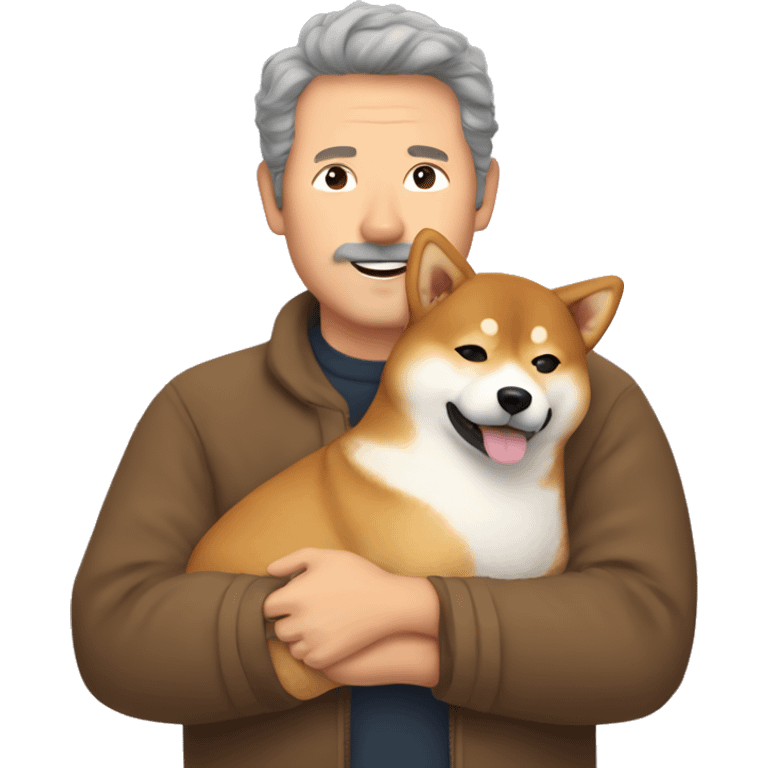 Shiba-inu cuddles middle age man with curly brown hair  emoji