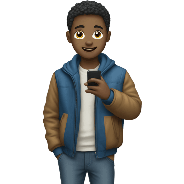 boy in blue jacket holding phone emoji