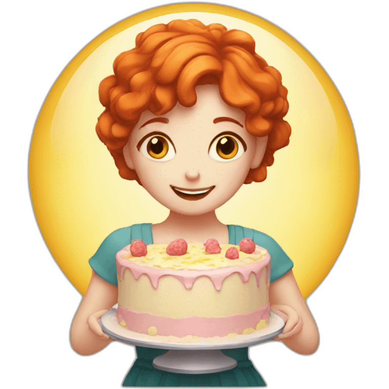 red-haired girl with a cake around the sun emoji