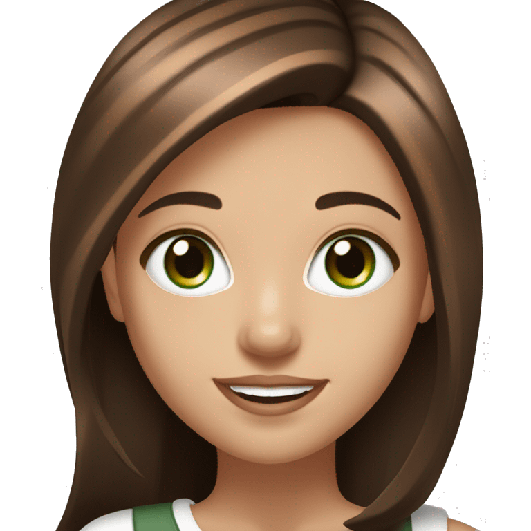 PORTRAIT OF A BRUNETTE GIRL WITH STRAIGHT HAIR WITH COPPER HIGHLIGHTS WITH DARK BRONZE GREEN EYES WITH A PORCELAIN COMPLEXION AND SMILE emoji