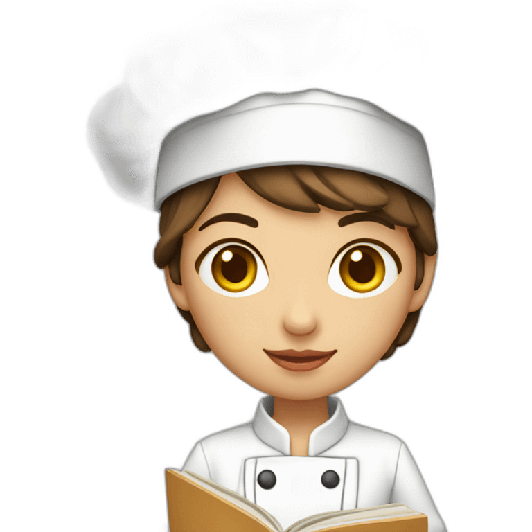 Ecuadorian cute female chef holding a cook book with short brown hair and light brown eyes emoji