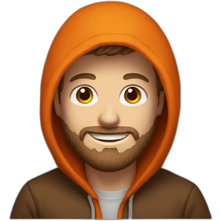 white dude smiling with a brown beard and short brown hair with an orange hooded hoodie with the hoodie letters "Posh" emoji