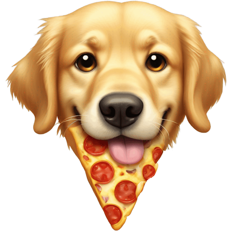 Golden retriever with pizza slice hanging from his mouth. Have the golden biting down on the pizza  emoji