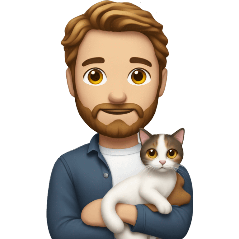 A whit man with brown hair and beard holding calico cat emoji