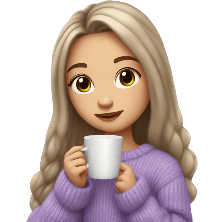 Cute girl with long hair, long lashes in lavander cozy sweather with coffe in hands emoji