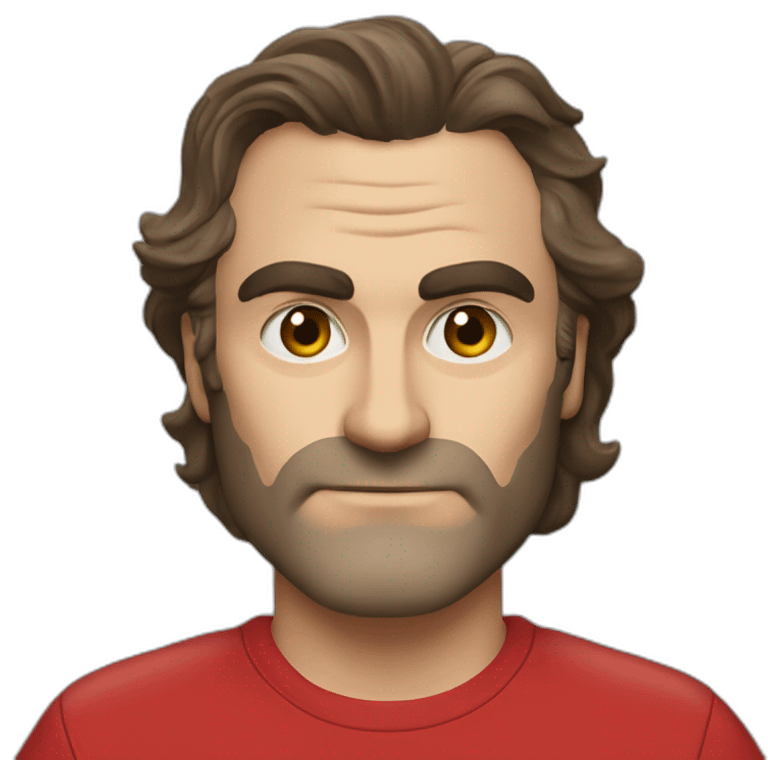 joaquin phoenix wearing a red t-shirt with text "N.E.N.N.O" emoji