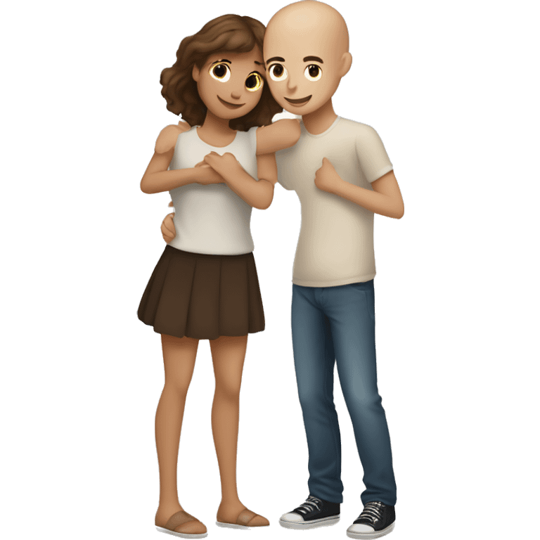 Two girls and one guy hugging each other, one girl white skin brown hair, other girl white skin no hair, guy is standing in the middle and has short brown hair emoji