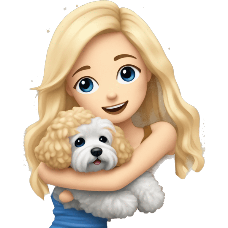 Blonde girl with long straight hair and blue eyes is hugging a small caramel maltipoo and they are celebrating a new year  emoji