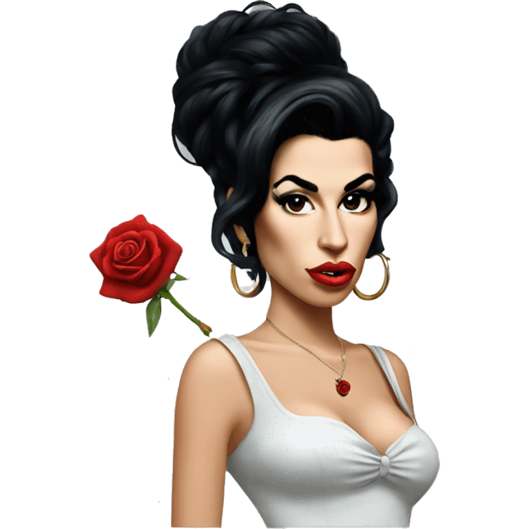 Amy Winehouse with nose piercing, hoops and red rose in hair emoji